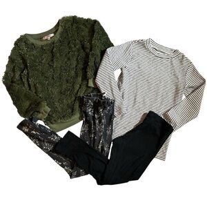 NWOT Green fuzzy 3d heart glitter Sweater, EUC stripe top $ 2 leggings 6/6x